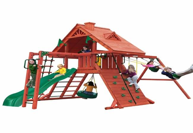 Sun-Palace-Cedar-II-Swing-and-Play-Set-with-Two-Swings-Wave-Slide-Ring-Trapeze-Bar-Rock-Climbing-Wall-Monkey-Bars-Tire-Swing-and-More-from-Gorilla-Playsets